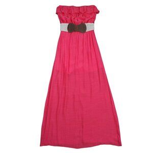 Trixxi Pink Strapless Maxi Dress Ruffle Top Crochet Belt Summer Size L.